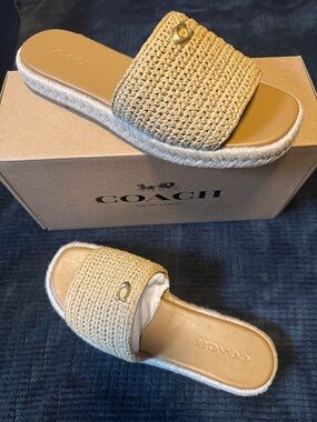 Coach Beige Woven Slide Clogs with Espadrille Trim